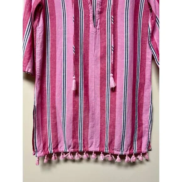 J. CREW FACTORY Pink/White/Navy Striped Tassel Tie Tassel Hem Cover-Up, Sz S - Picture 4 of 12